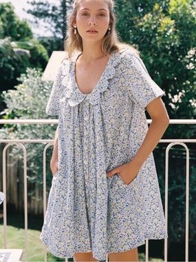 Penelope Lounge Dress - Cotton - Floret Blue - Size Medium